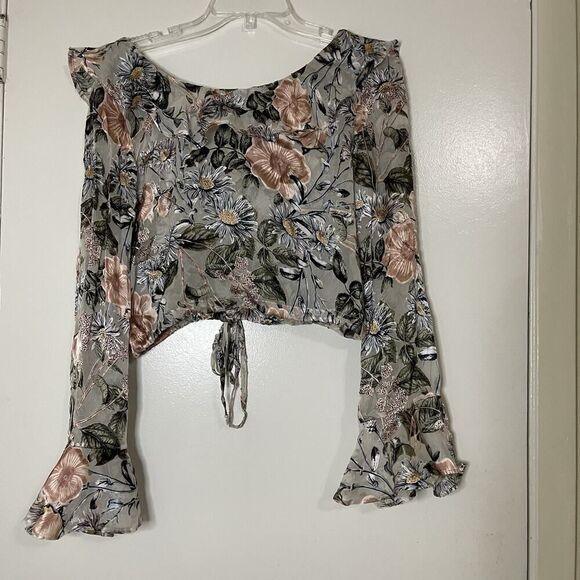 For Love & Lemons Luciana Ruffle cropped floral blue gray Blouse Small - Picture 3 of 9